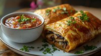 Flaky golden pastry roll filled with mushrooms and herbs served on white plate with tomato sauce and fresh parsley garnish, close-up view in natural light.