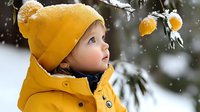 Adorable toddler in bright yellow winter coat and knit hat looking up with wonder during snowfall in forest setting for seasonal family content.