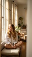 Young Caucasian woman in white shirt sitting by window in sunlit room with plants, peaceful morning meditation and relaxation at home lifestyle.