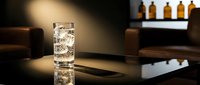 Glass of sparkling water with ice cubes on dark table in modern office or lounge setting with warm lighting and blurred background.