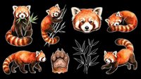 Cute red panda clipart set with bamboo, paw print, and various poses, isolated on transparent background. Great for stickers, t-shirt design, and print on demand.