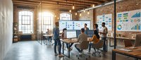 Modern business team collaborating in industrial loft office with data analytics dashboards and charts displayed on wall screens for strategic planning.