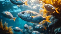 Tropical fish swimming in blue ocean water with yellow fins against blurred coral reef background, dramatic underwater lighting creates moody aquatic atmosphere.
