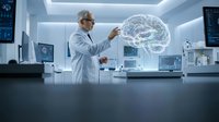 Senior Caucasian male doctor in white coat examining holographic brain model in modern medical laboratory with advanced technology and digital displays.