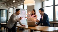 Three diverse professionals collaborating at wooden desk with laptop, analyzing digital data visualization and network connections in modern office with natural light and pendant lamp.