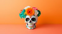 Decorative sugar skull with bright floral crown featuring orange gerbera, pink roses, and turquoise daisies against vibrant orange background. Mexican folk art celebration.