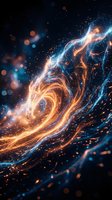 Abstract glowing energy waves with golden and blue light trails swirling against dark background with particle effects for digital design projects.