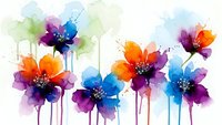 Vibrant watercolor flowers in orange, purple and blue hues with paint drips on white background. Abstract floral art for modern decor and creative projects.
