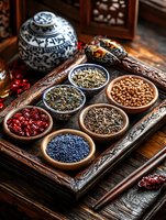 Assorted organic spices and dried ingredients in wooden bowls on carved vintage tray with oriental porcelain vase, moody dark food photography setting.