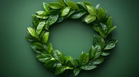 Fresh green magnolia leaves arranged in circular wreath shape on dark green background, natural botanical design element for seasonal decor and celebrations.
