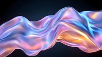 Flowing iridescent silk fabric with holographic effect creates smooth waves against dark background, featuring pink, blue and golden color transitions.