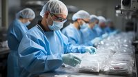 Medical laboratory technicians in protective gear working with samples in sterile environment. Row of scientists conducting research and quality control testing.