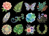 Botanical and floral design elements collection featuring isolated watercolor illustrations on transparent background. Includes peony flower, fern leaves, butterfly, wildflowers, decorative feather, ornamental swirls, watercolor wash, monstera leaf, flower bouquets, mandala pattern, and laurel wreath. Ready for t-shirt design, clipart, stickers, sublimation, and print-on-demand projects.