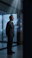 Confident middle-aged Caucasian businessman in suit standing in dark corporate office with glowing financial charts and world map displays.