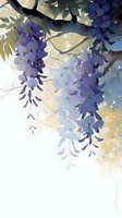 Purple wisteria flowers cascade down with soft green leaves against misty watercolor background, creating dreamy spring atmosphere for wall art and design projects.