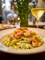 Creamy fettuccine pasta with grilled shrimp, fresh dill, and white wine sauce served in white plate. Romantic restaurant setting with bokeh lights and wine glass.
