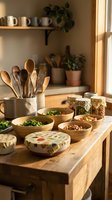 Wooden kitchen counter with fresh salads in bowls, cooking utensils, and pantry ingredients in glass jars, warm natural light from window, home cooking and meal preparation.