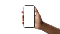 Hand holding smartphone with blank white screen mockup isolated on white background for app presentation and mobile technology display.