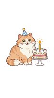 Cute orange and white cat wearing party hat sitting next to birthday cake with lit candle on white background, isolated clipart for greeting cards and celebrations.
