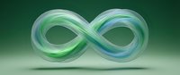 Translucent green and blue infinity symbol with glossy finish on gradient background for business concepts and mathematical presentations.
