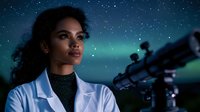 Young African American female scientist in white lab coat observing night sky with telescope under aurora borealis and starry atmosphere, representing research and discovery.