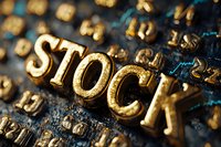 Golden metallic letters spelling stock on textured dark background with selective focus and dramatic lighting, creating luxurious financial market concept.