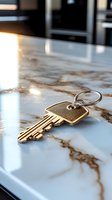 Single brass house key with keyring on white marble countertop surface with brown veining pattern, captured in soft natural lighting with shallow depth of field.