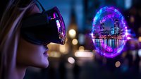 Woman wearing virtual reality headset with futuristic cityscape reflection in glowing neon portal, night urban bokeh background creates immersive technological atmosphere.