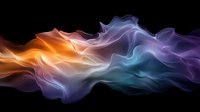 Ethereal waves of orange, pink, blue and purple smoke create dynamic flowing abstract pattern on black background, artistic design element for creative projects.