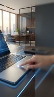 Businesswoman using laptop with holographic security interface in modern office environment for cybersecurity and digital access control applications.