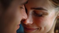 Young romantic couple in tender intimate moment, faces close together showing emotional connection and gentle affection against dark background.