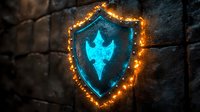 Glowing blue shield emblem with phoenix symbol on stone wall illuminated by warm fairy lights creating magical fantasy atmosphere for gaming design concept.