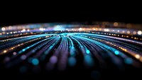 Abstract digital data flow with glowing blue particles and light trails on dark background for technology and futuristic design concepts.