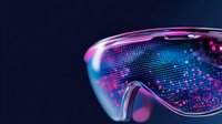 Futuristic protective goggles with neon pink and blue digital pattern reflection against dark background, modern technology concept for virtual reality and cybersecurity.