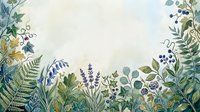 Botanical garden border with ferns, lavender, and wildflowers in watercolor style on isolated white background, ready for design projects and decorative applications.