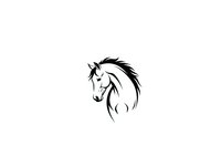 Elegant horse head silhouette with flowing mane in black and white minimalist style isolated on white background for logo design and branding projects.
