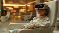 Young child wearing virtual reality headset sitting in modern white chair experiencing immersive technology in contemporary living room setting.