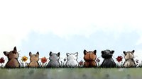 Adorable cartoon cats sitting in a row among red flowers against light blue sky background, watercolor style illustration for children's books and greeting cards.