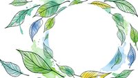 Circular frame made of colorful hand-drawn leaves in green, blue and yellow tones on white background. Natural botanical border for eco-friendly designs.