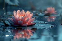 Pink water lily floating on dark blue water surface with magical bokeh reflections and soft dreamy atmosphere, creating serene zen garden scene.