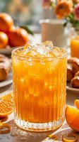 Chilled orange juice in a ribbed glass with ice, fresh citrus slices, pastries and flowers in sunny background. Summer brunch concept.
