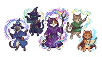 Cartoon witch and wizard cats with magical auras, isolated characters on transparent background. Perfect for children's book illustrations, game assets, merchandise design, and educational materials.