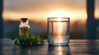 Glass of water and olive oil bottle at sunset with fresh herbs on wooden table, creating peaceful atmosphere for wellness and healthy lifestyle concept.