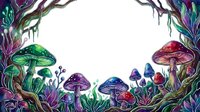 Colorful fantasy mushrooms and magical forest plants frame a white center space, isolated on transparent background, ready for design projects, invitations, and creative compositions.