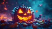 Carved jack-o-lantern pumpkin with glowing face surrounded by colorful candy on dark background with bokeh lights, suitable for seasonal marketing and holiday designs.
