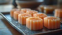 Handcrafted orange soap bars with decorative star patterns arranged on wooden tray, artisan skincare products for spa and wellness treatments.