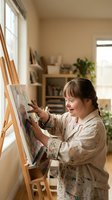 Young woman with Down syndrome painting on easel in bright art studio, creative therapy and inclusive artistic expression for disability awareness campaigns.