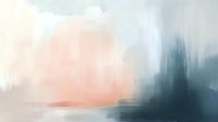 Minimalist abstract landscape painting in soft coral pink and moody teal blue tones with blurred brushstroke texture creates serene atmospheric composition.