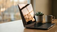 Modern laptop computer on white desk with succulent plant and coffee mug in warm natural lighting for remote work and home office productivity.