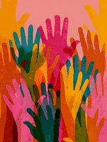 Colorful raised hands in vibrant paint splashes representing diversity, teamwork, unity and community support for social causes and volunteer work.